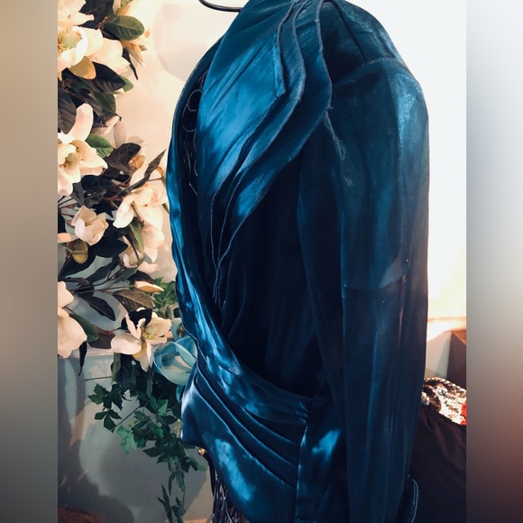 Cachet Women's Deep Blue Teal Satin Blouse - Picture 5 of 12